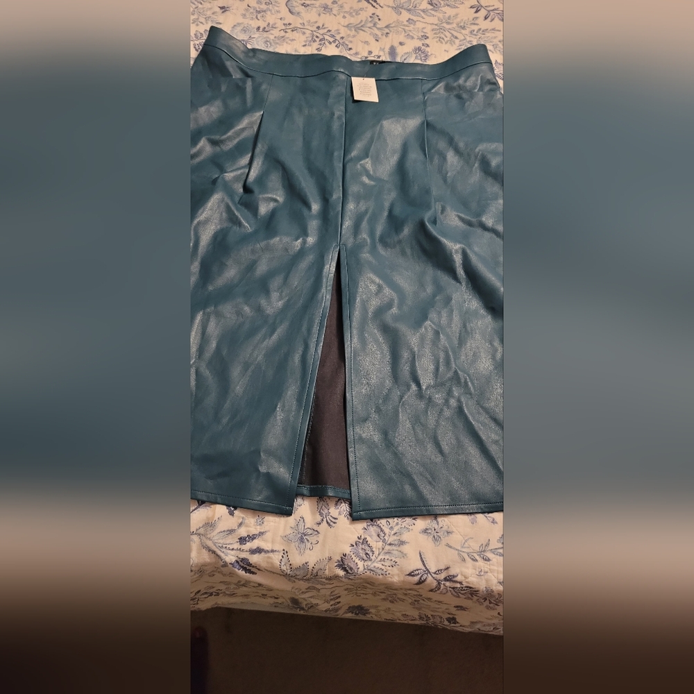 Eloquii Teal vegan leather skirt with slit